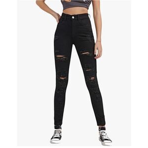 NEW High Waisted Stretch Ripped Skinny Jeans Distressed Denim Black 26W